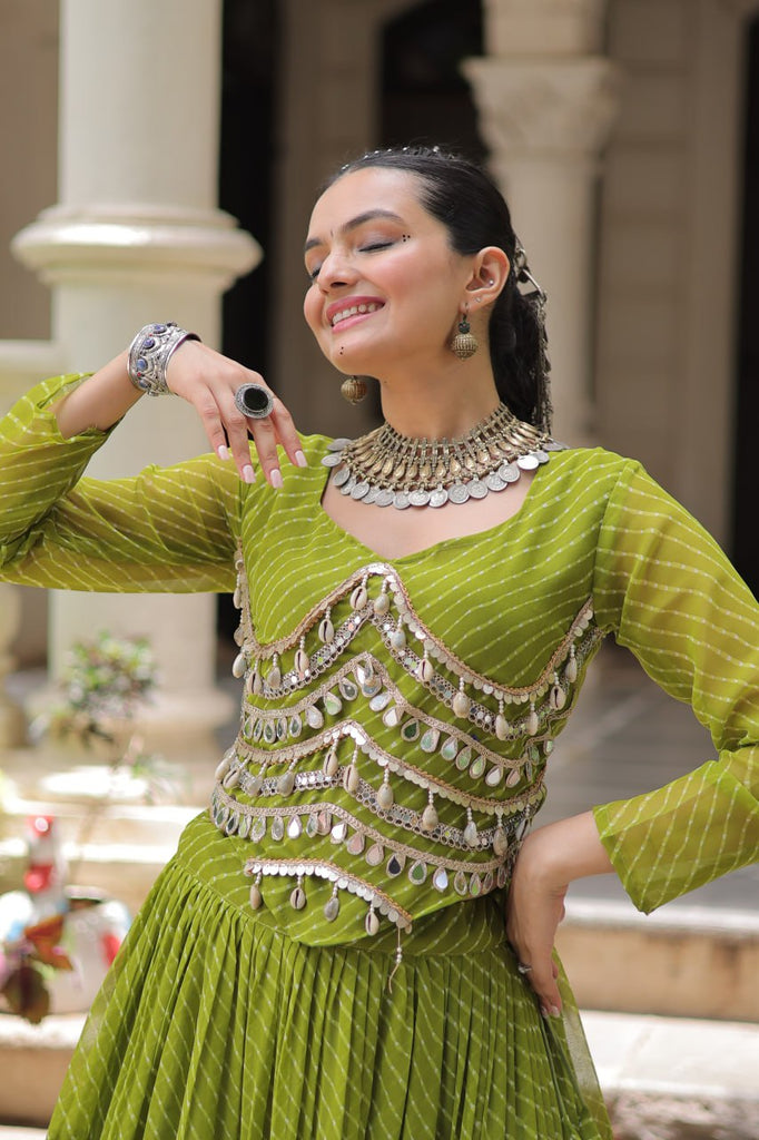 Parrot Green Navratri Special Leheriya Print Lehenga Choli with 12 Mtr Flair & Mirror Lace Work ClothsVilla