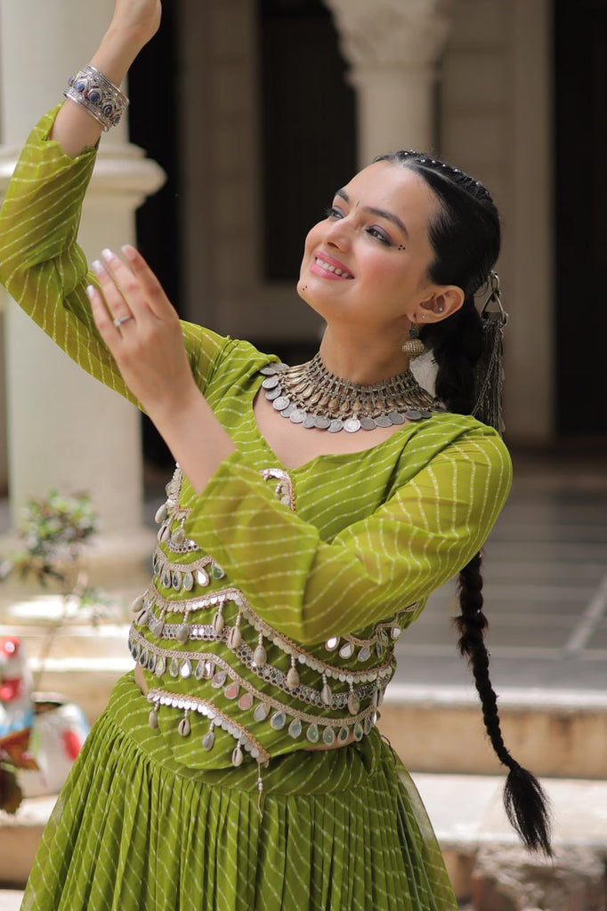 Parrot Green Navratri Special Leheriya Print Lehenga Choli with 12 Mtr Flair & Mirror Lace Work ClothsVilla