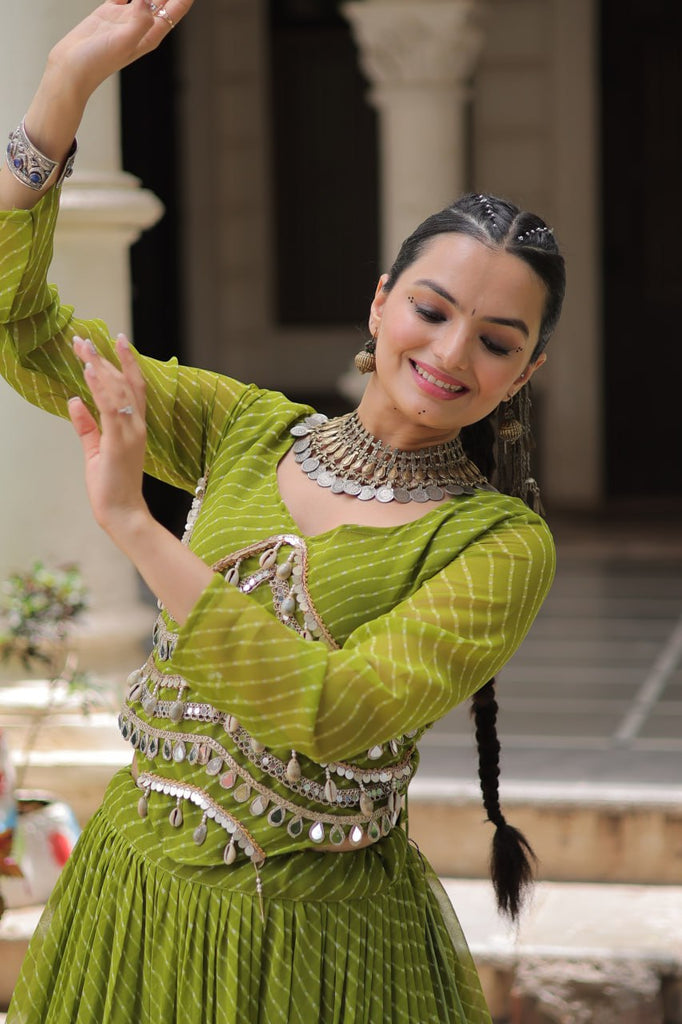 Parrot Green Navratri Special Leheriya Print Lehenga Choli with 12 Mtr Flair & Mirror Lace Work ClothsVilla