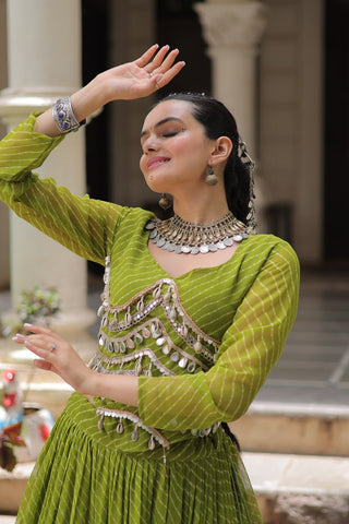 Parrot Green Navratri Special Leheriya Print Lehenga Choli with 12 Mtr Flair & Mirror Lace Work ClothsVilla