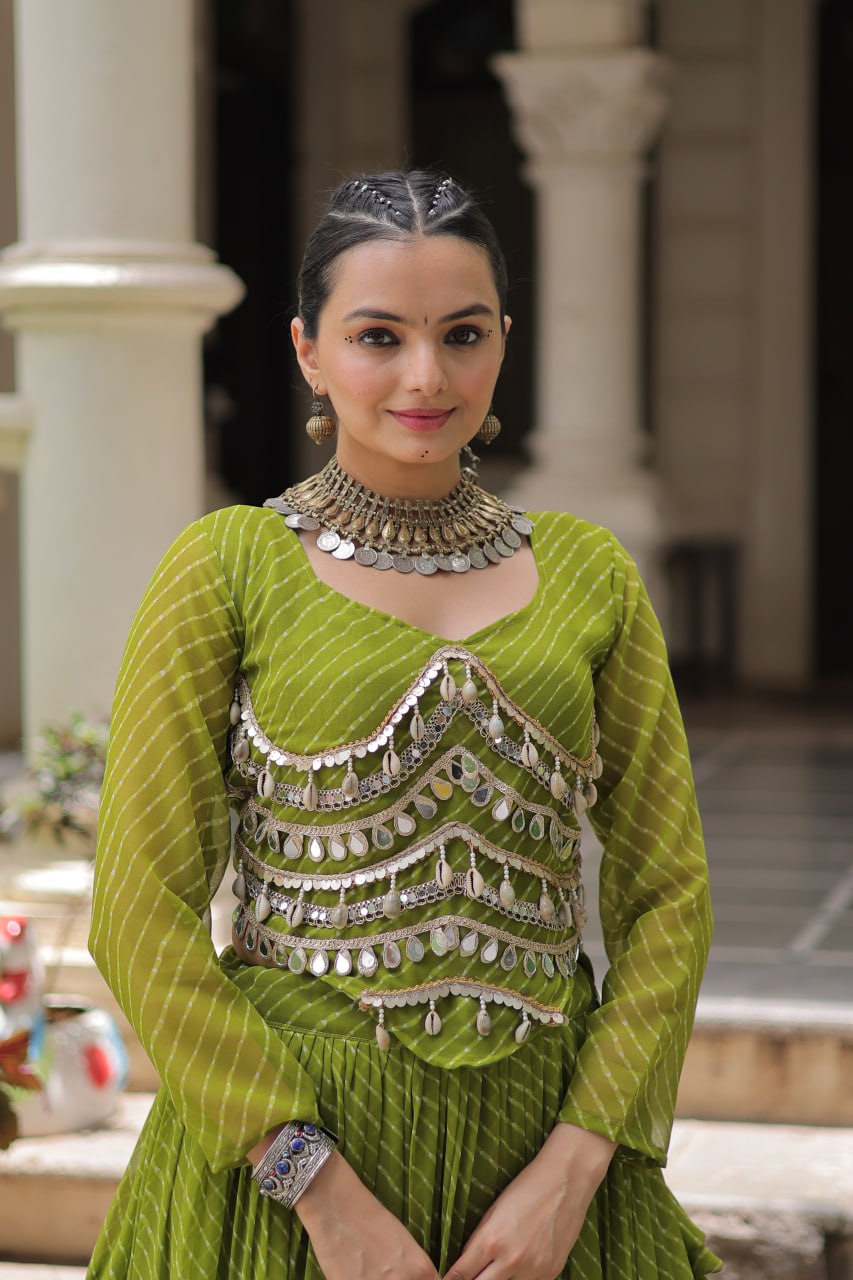 Parrot Green Navratri Special Leheriya Print Lehenga Choli with 12 Mtr Flair & Mirror Lace Work ClothsVilla