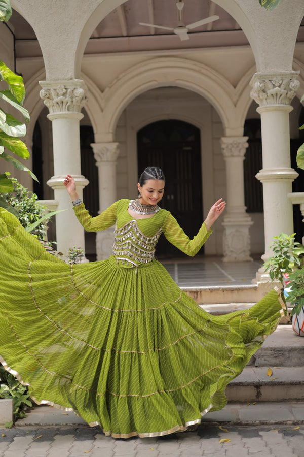 Parrot Green Navratri Special Leheriya Print Lehenga Choli with 12 Mtr Flair & Mirror Lace Work ClothsVilla