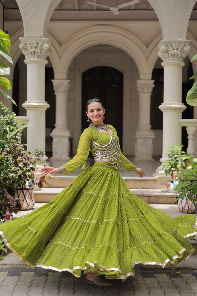 Parrot Green Navratri Special Leheriya Print Lehenga Choli with 12 Mtr Flair & Mirror Lace Work ClothsVilla