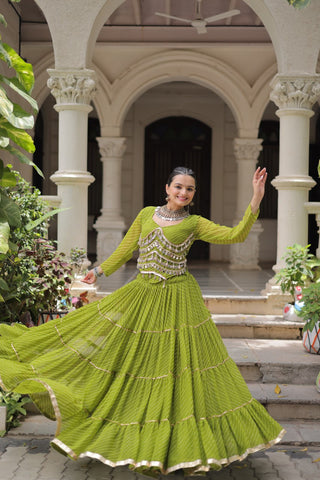 Parrot Green Navratri Special Leheriya Print Lehenga Choli with 12 Mtr Flair & Mirror Lace Work ClothsVilla