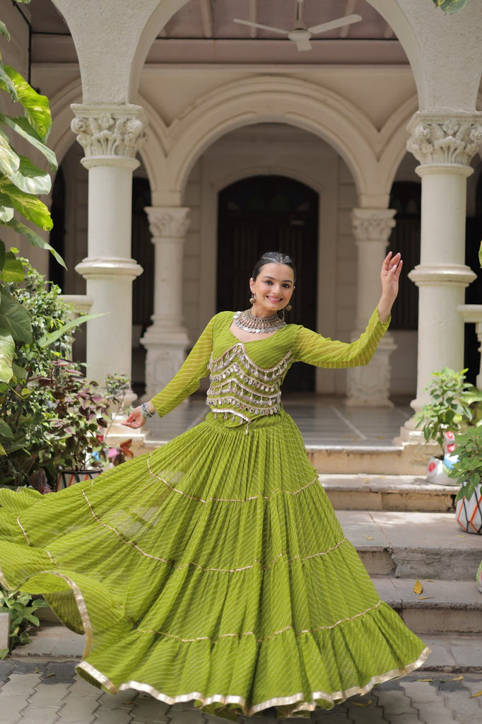 Parrot Green Navratri Special Leheriya Print Lehenga Choli with 12 Mtr Flair & Mirror Lace Work ClothsVilla