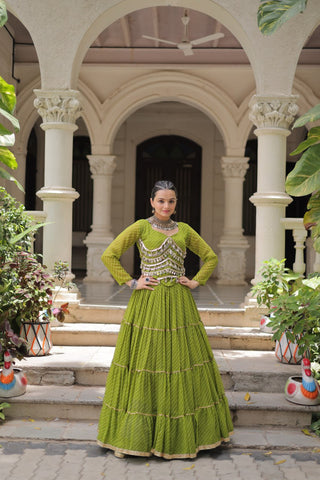 Parrot Green Navratri Special Leheriya Print Lehenga Choli with 12 Mtr Flair & Mirror Lace Work ClothsVilla