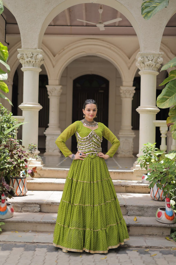 Parrot Green Navratri Special Leheriya Print Lehenga Choli with 12 Mtr Flair & Mirror Lace Work ClothsVilla