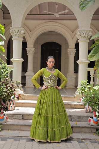 Parrot Green Navratri Special Leheriya Print Lehenga Choli with 12 Mtr Flair & Mirror Lace Work ClothsVilla