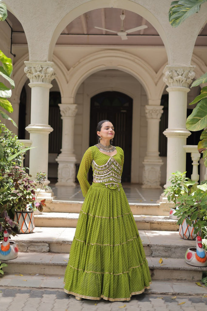 Parrot Green Navratri Special Leheriya Print Lehenga Choli with 12 Mtr Flair & Mirror Lace Work ClothsVilla