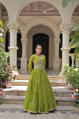 Parrot Green Navratri Special Leheriya Print Lehenga Choli with 12 Mtr Flair & Mirror Lace Work ClothsVilla
