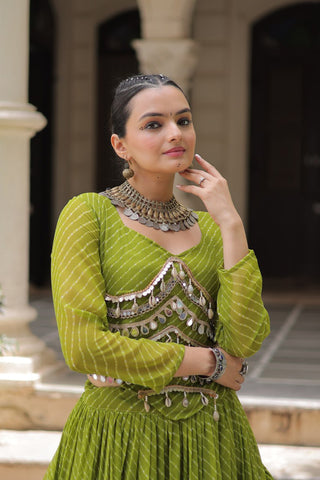 Parrot Green Navratri Special Leheriya Print Lehenga Choli with 12 Mtr Flair & Mirror Lace Work ClothsVilla