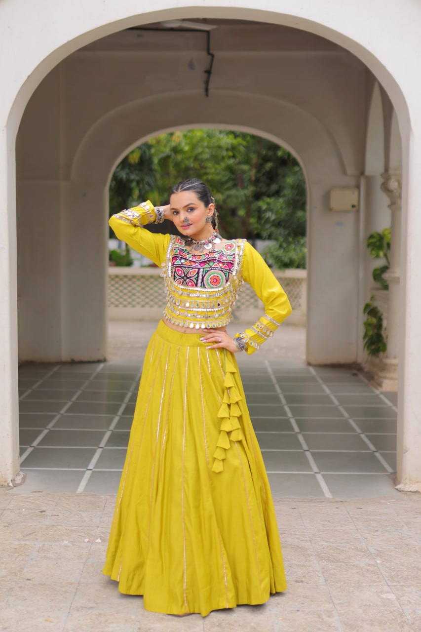 Parrot Green Navratri Special Roman Fabric Lehenga Choli with Kutchi Gamthi & Mirror Work ClothsVilla