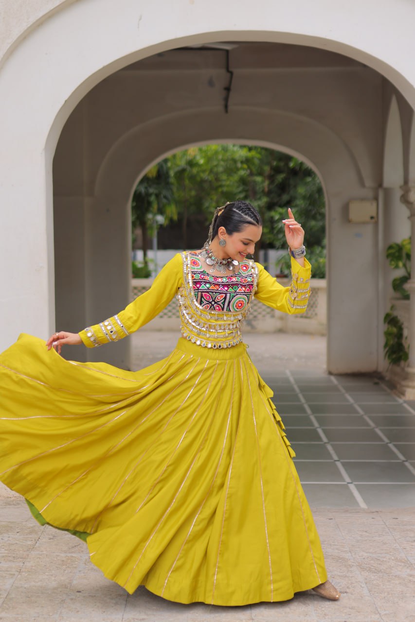 Parrot Green Navratri Special Roman Fabric Lehenga Choli with Kutchi Gamthi & Mirror Work ClothsVilla