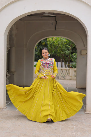 Parrot Green Navratri Special Roman Fabric Lehenga Choli with Kutchi Gamthi & Mirror Work ClothsVilla