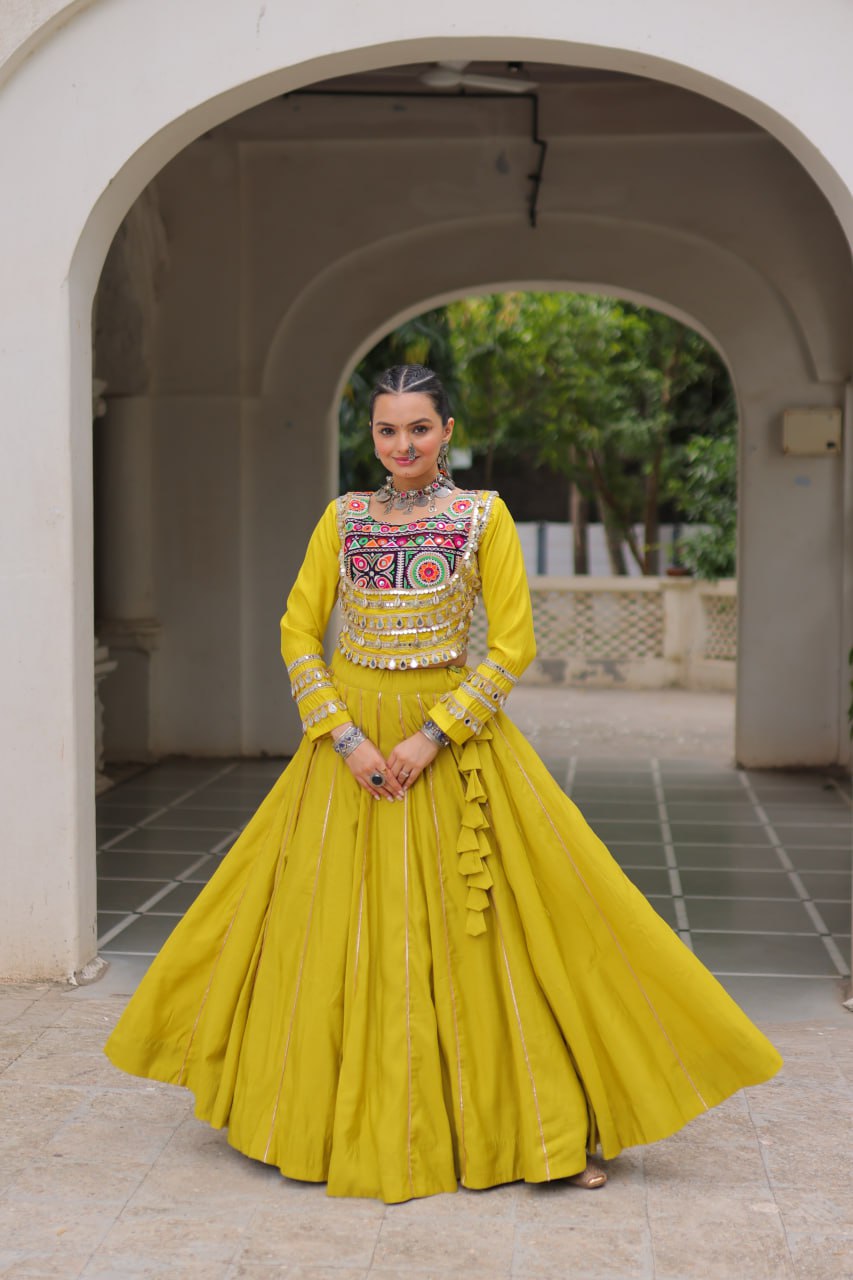 Parrot Green Navratri Special Roman Fabric Lehenga Choli with Kutchi Gamthi & Mirror Work ClothsVilla