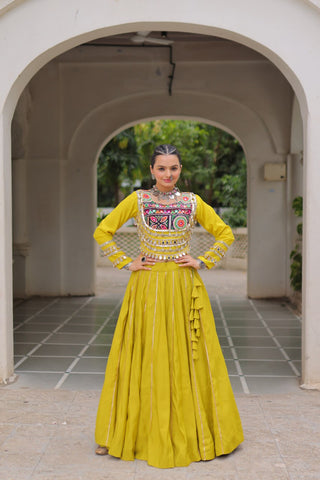 Parrot Green Navratri Special Roman Fabric Lehenga Choli with Kutchi Gamthi & Mirror Work ClothsVilla