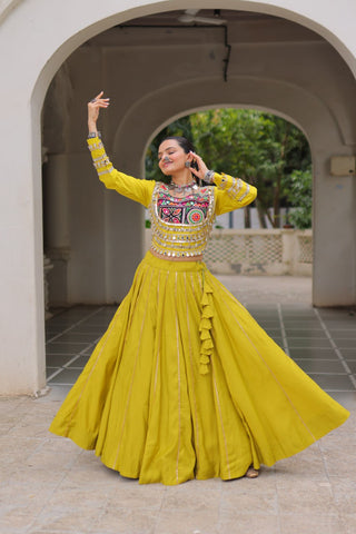 Parrot Green Navratri Special Roman Fabric Lehenga Choli with Kutchi Gamthi & Mirror Work ClothsVilla