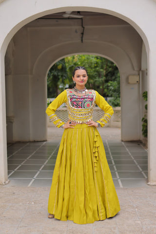 Parrot Green Navratri Special Roman Fabric Lehenga Choli with Kutchi Gamthi & Mirror Work ClothsVilla