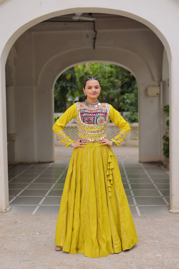 Parrot Green Navratri Special Roman Fabric Lehenga Choli with Kutchi Gamthi & Mirror Work ClothsVilla