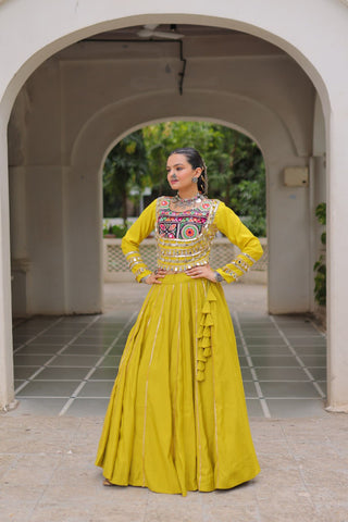 Parrot Green Navratri Special Roman Fabric Lehenga Choli with Kutchi Gamthi & Mirror Work ClothsVilla