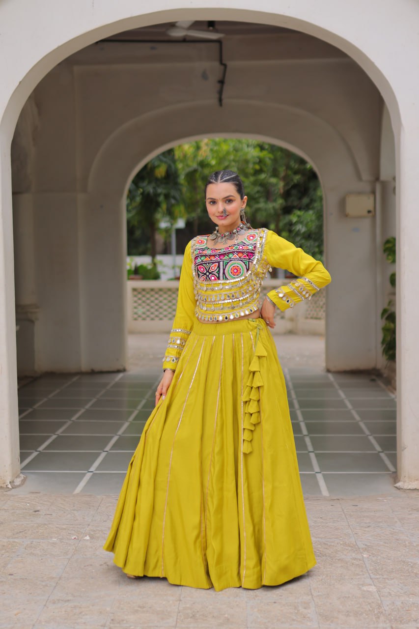 Parrot Green Navratri Special Roman Fabric Lehenga Choli with Kutchi Gamthi & Mirror Work ClothsVilla