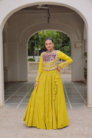 Parrot Green Navratri Special Roman Fabric Lehenga Choli with Kutchi Gamthi & Mirror Work ClothsVilla