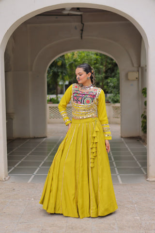 Parrot Green Navratri Special Roman Fabric Lehenga Choli with Kutchi Gamthi & Mirror Work ClothsVilla