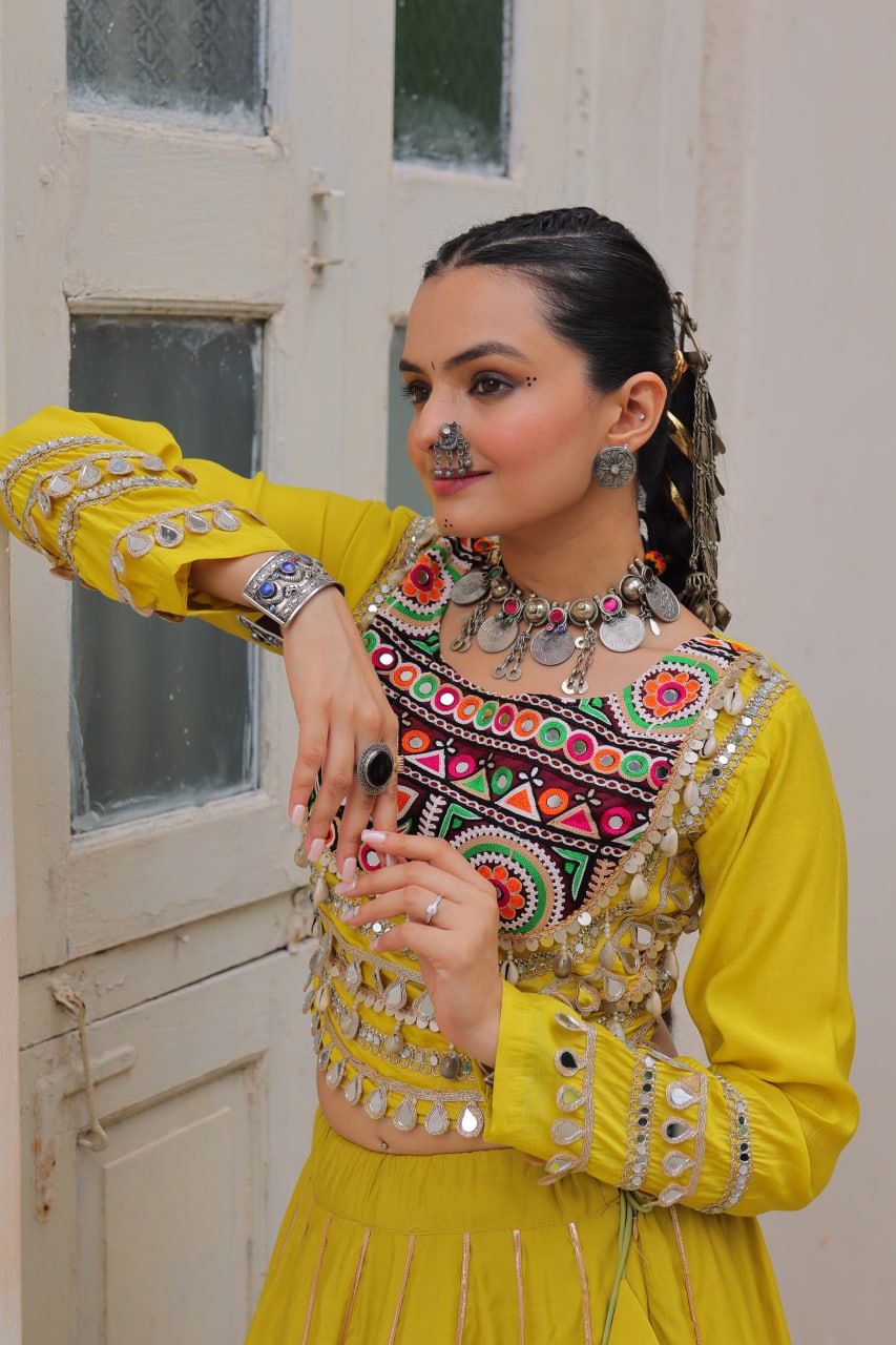 Parrot Green Navratri Special Roman Fabric Lehenga Choli with Kutchi Gamthi & Mirror Work ClothsVilla