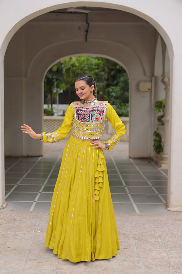 Parrot Green Navratri Special Roman Fabric Lehenga Choli with Kutchi Gamthi & Mirror Work ClothsVilla