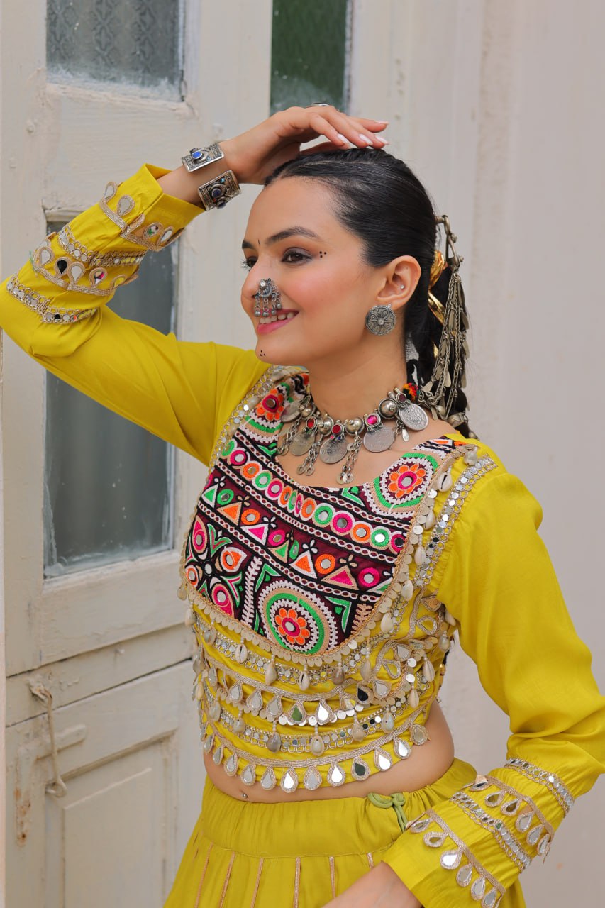 Parrot Green Navratri Special Roman Fabric Lehenga Choli with Kutchi Gamthi & Mirror Work ClothsVilla