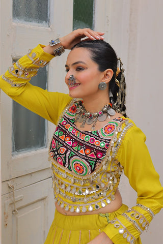 Parrot Green Navratri Special Roman Fabric Lehenga Choli with Kutchi Gamthi & Mirror Work ClothsVilla