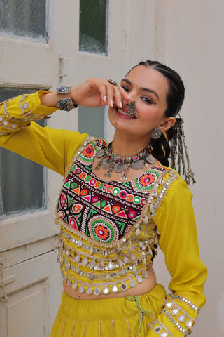 Parrot Green Navratri Special Roman Fabric Lehenga Choli with Kutchi Gamthi & Mirror Work ClothsVilla