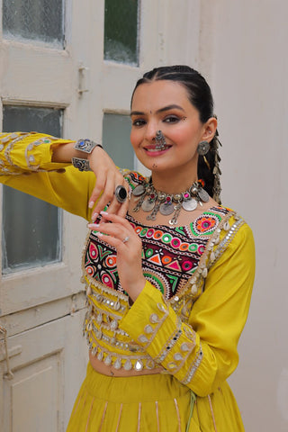 Parrot Green Navratri Special Roman Fabric Lehenga Choli with Kutchi Gamthi & Mirror Work ClothsVilla