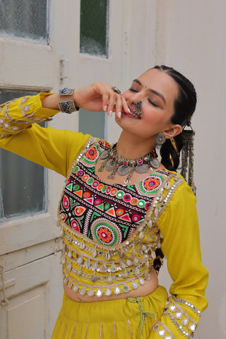 Parrot Green Navratri Special Roman Fabric Lehenga Choli with Kutchi Gamthi & Mirror Work ClothsVilla