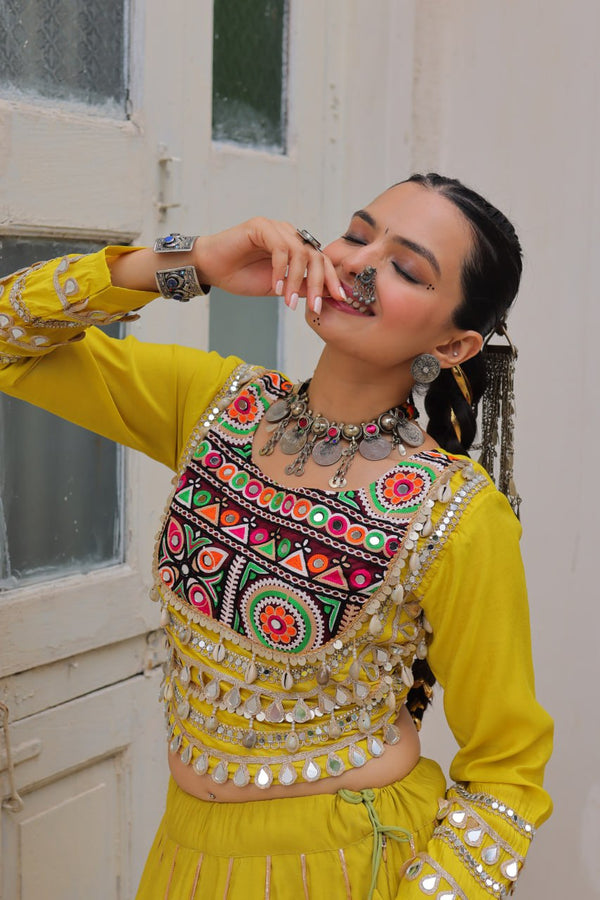 Parrot Green Navratri Special Roman Fabric Lehenga Choli with Kutchi Gamthi & Mirror Work ClothsVilla