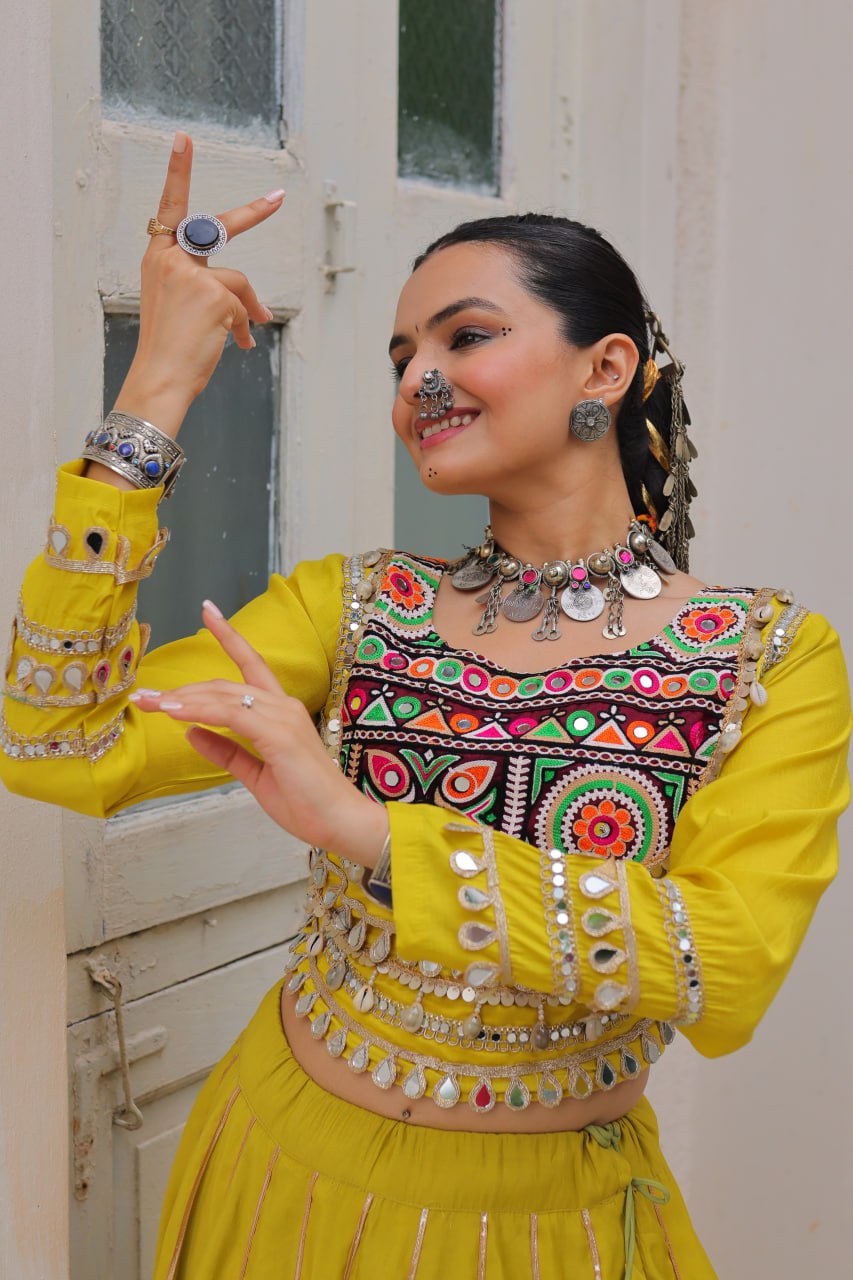Parrot Green Navratri Special Roman Fabric Lehenga Choli with Kutchi Gamthi & Mirror Work ClothsVilla