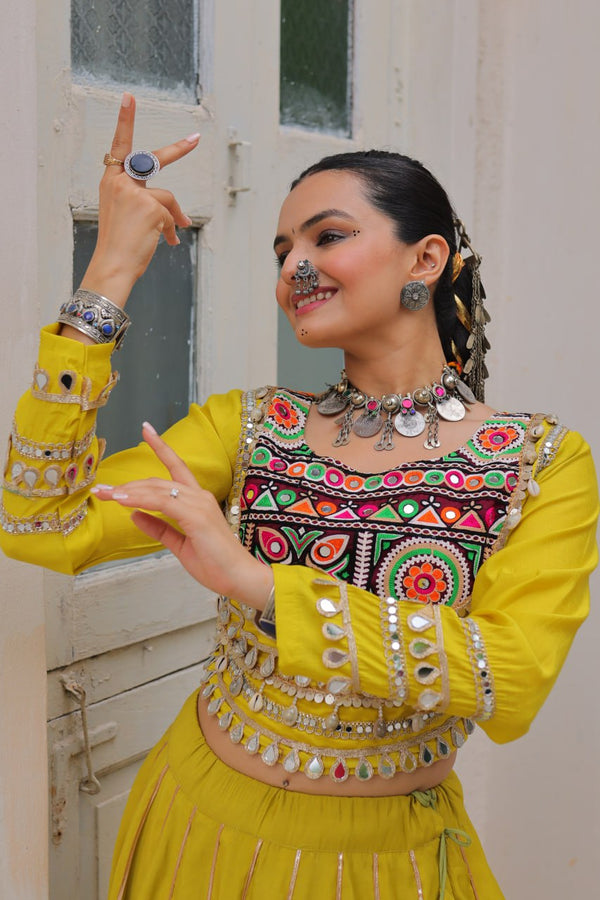 Parrot Green Navratri Special Roman Fabric Lehenga Choli with Kutchi Gamthi & Mirror Work ClothsVilla