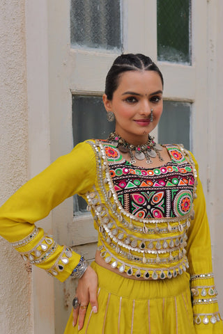 Parrot Green Navratri Special Roman Fabric Lehenga Choli with Kutchi Gamthi & Mirror Work ClothsVilla