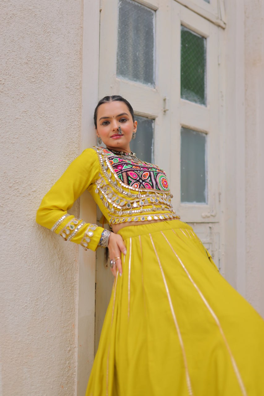Parrot Green Navratri Special Roman Fabric Lehenga Choli with Kutchi Gamthi & Mirror Work ClothsVilla