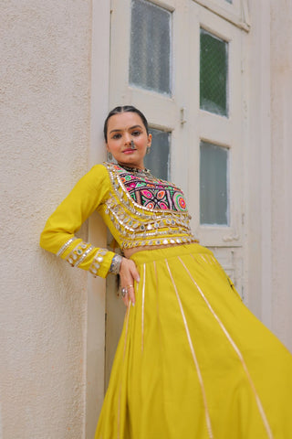 Parrot Green Navratri Special Roman Fabric Lehenga Choli with Kutchi Gamthi & Mirror Work ClothsVilla