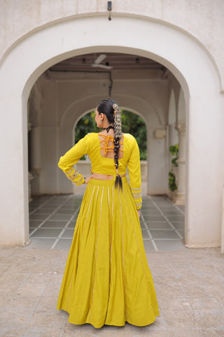 Parrot Green Navratri Special Roman Fabric Lehenga Choli with Kutchi Gamthi & Mirror Work ClothsVilla