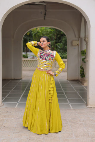 Parrot Green Navratri Special Roman Fabric Lehenga Choli with Kutchi Gamthi & Mirror Work ClothsVilla