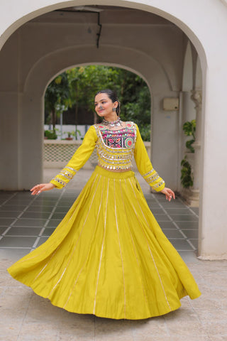 Parrot Green Navratri Special Roman Fabric Lehenga Choli with Kutchi Gamthi & Mirror Work ClothsVilla