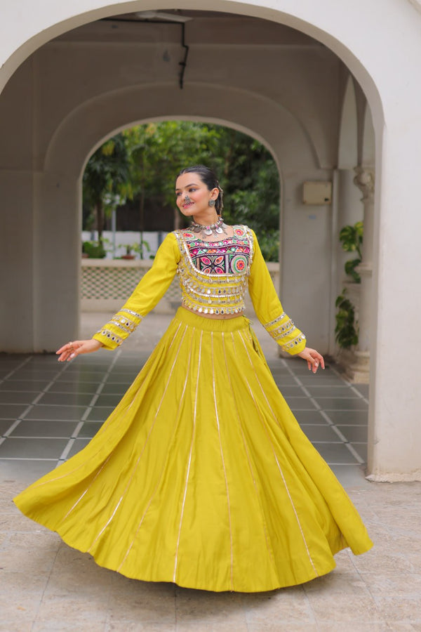 Parrot Green Navratri Special Roman Fabric Lehenga Choli with Kutchi Gamthi & Mirror Work ClothsVilla