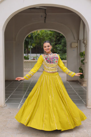 Parrot Green Navratri Special Roman Fabric Lehenga Choli with Kutchi Gamthi & Mirror Work ClothsVilla