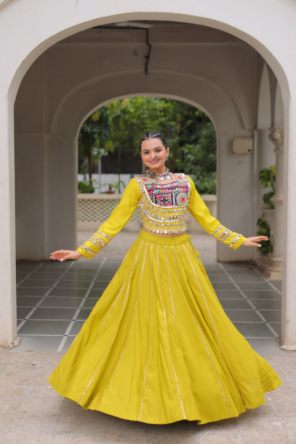 Parrot Green Navratri Special Roman Fabric Lehenga Choli with Kutchi Gamthi & Mirror Work ClothsVilla