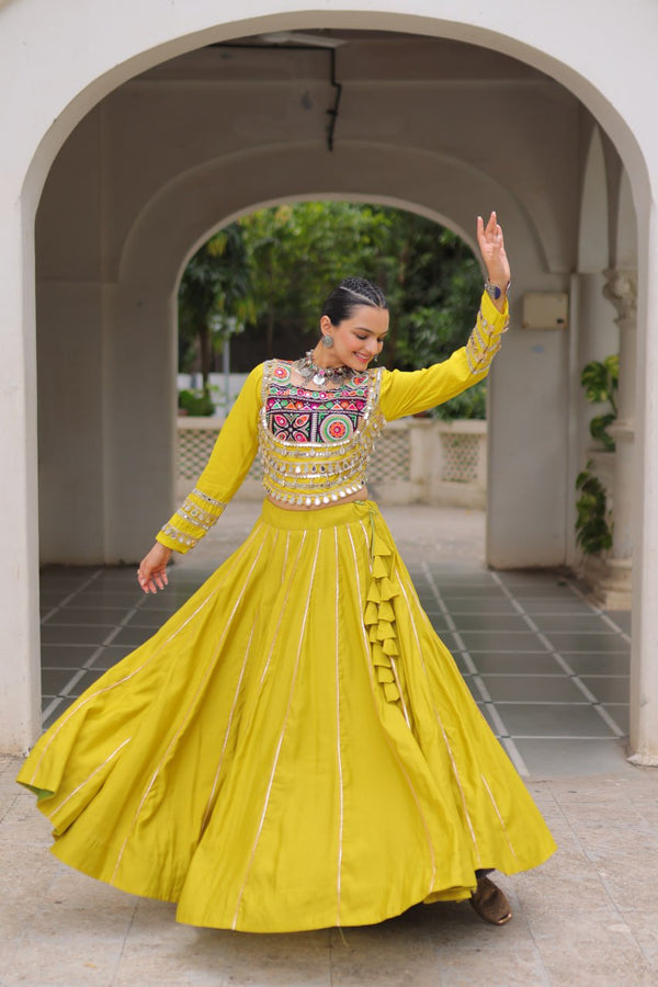 Parrot Green Navratri Special Roman Fabric Lehenga Choli with Kutchi Gamthi & Mirror Work ClothsVilla