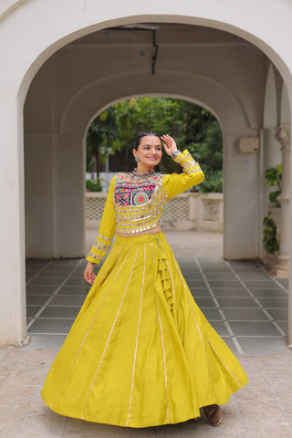 Parrot Green Navratri Special Roman Fabric Lehenga Choli with Kutchi Gamthi & Mirror Work ClothsVilla