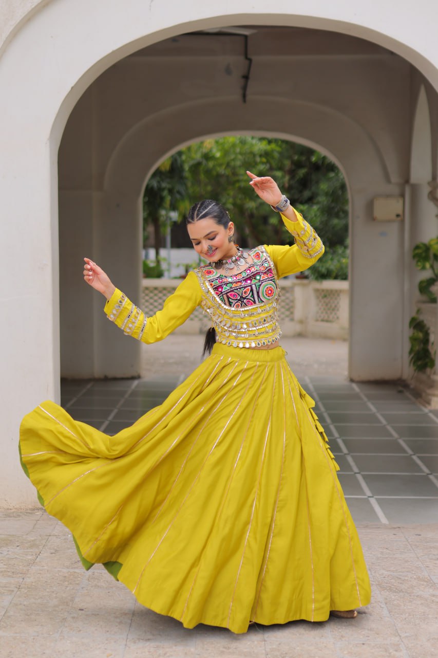 Parrot Green Navratri Special Roman Fabric Lehenga Choli with Kutchi Gamthi & Mirror Work ClothsVilla
