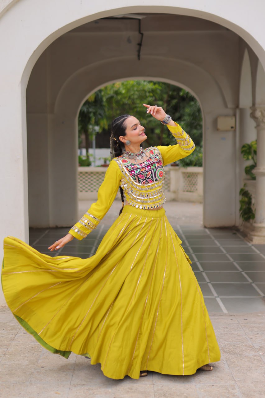 Parrot Green Navratri Special Roman Fabric Lehenga Choli with Kutchi Gamthi & Mirror Work ClothsVilla